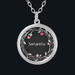 Monogram Name Black White Pink Red Floral Wreath  Silver Plated Necklace<br><div class="desc">Personalised Monogrammed Black,  White,  Pink Red Floral Wreath Silver Plated Necklace. Great gift for bridesmaids or for any woman.</div>