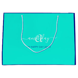 Monogram Name Blue Aqua Bridal Sweet 16th Wedding  Large Gift Bag