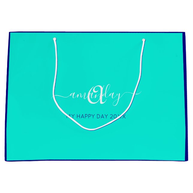 Monogram Name Blue Aqua Bridal Sweet 16th Wedding  Large Gift Bag (Front)