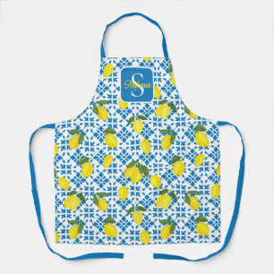 Monogram Name Blue French Tile Lemon Pattern Apron