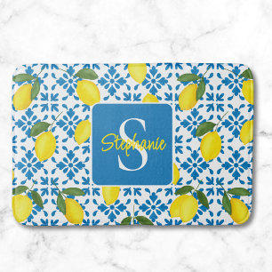 Monogram Name Blue French Tile Lemon Pattern  Bath Mat