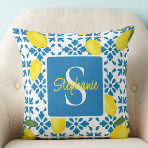 Monogram Name Blue French Tile Lemon Pattern  Cushion
