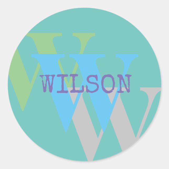 Monogram name blue gray GREEN stylish gift Classic Round Sticker (Front)