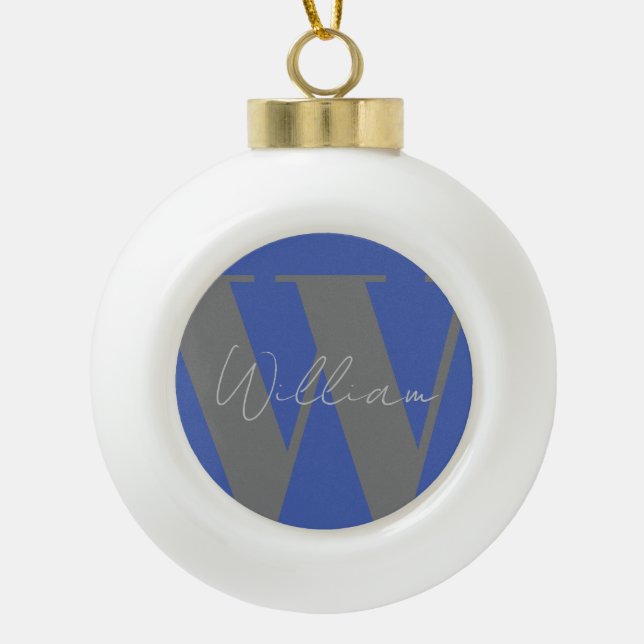 Monogram name blue gray stylish modern gift design ceramic ball christmas ornament (Front)