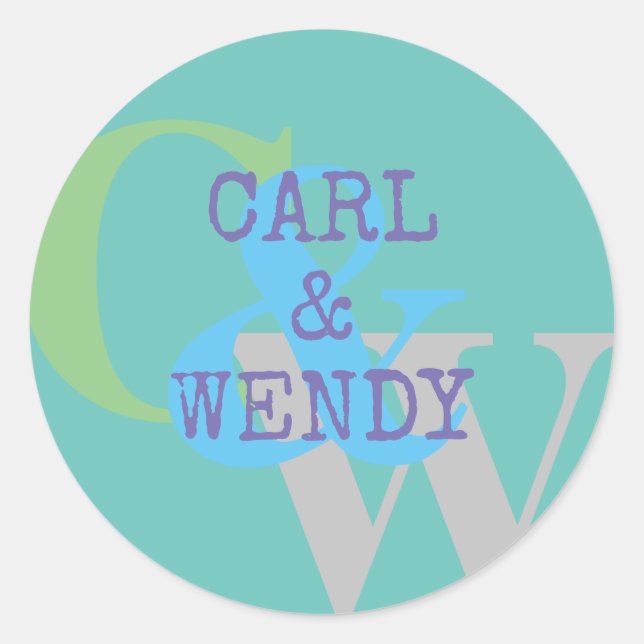 Monogram name blue grey GREEN stylish gift Classic Round Sticker (Front)