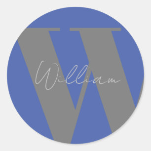 Monogram name blue grey stylish modern classic round sticker