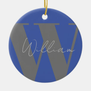 Monogram name blue grey stylish modern gift design ceramic ornament