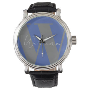 Monogram name blue grey stylish modern gift design watch