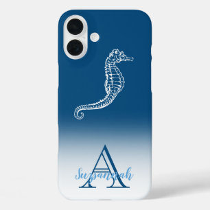 Monogram Name Blue Ombre Tropical Seahorse iPhone 16 Plus Case