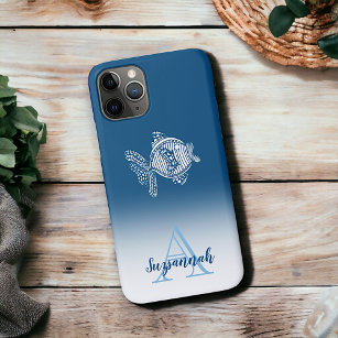 Monogram Name Blue Ombre White Fish Outline Case-Mate iPhone Case