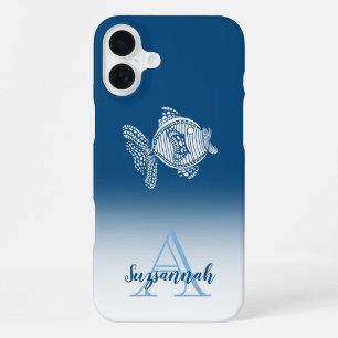 Monogram Name Blue Ombre White Fish Outline iPhone 16 Plus Case