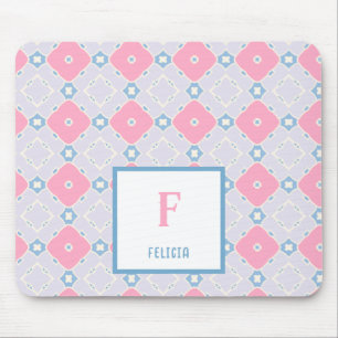 Monogram Name Blue & Pink Flowers Pattern Mouse Pad