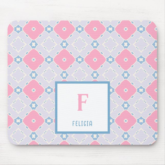 Monogram Name Blue & Pink Flowers Pattern Mouse Pad (Front)
