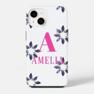 Monogram Name Blue Pink Watercolor Retro Flower iPhone 14 Case