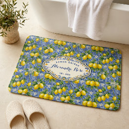 Monogram Name Blue Tile French Country Lemon Bath Mat
