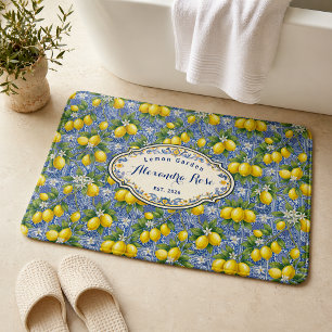 Monogram Name Blue Tile French Country Lemon Bath Mat