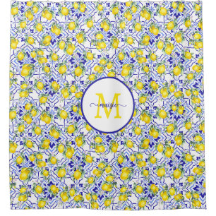 Monogram Name Blue Tile French Country Lemon Shower Curtain