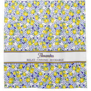 Monogram Name Blue Tile French Country Lemon Shower Curtain