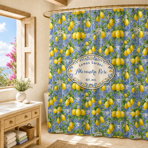 Monogram Name Blue Tile French Country Lemon Shower Curtain