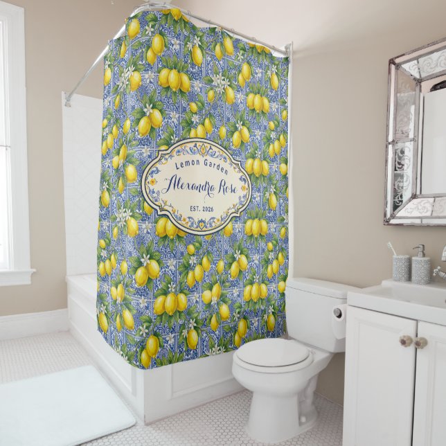 Monogram Name Blue Tile French Country Lemon Shower Curtain (In Situ)