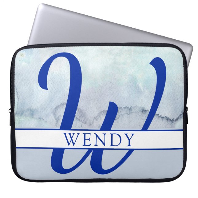 Monogram Name Blue Watercolor Laptop Sleeve (Front)