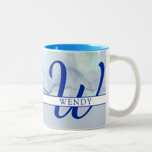 Monogram Name Blue Watercolor Two-Tone Coffee Mug