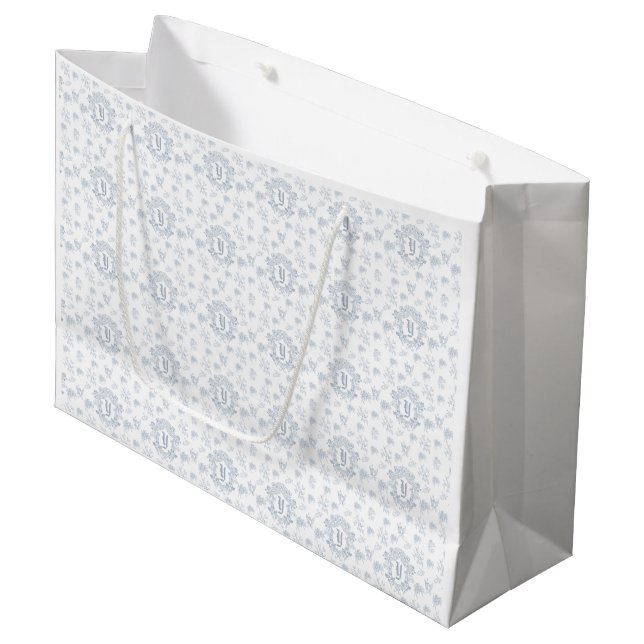 Monogram Name Blue White Chinoiserie Pattern Large Gift Bag (Front Angled)
