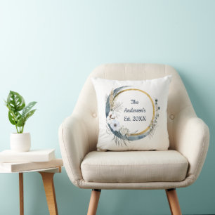 Monogram Name Blue White Gold Floral Elegant Cushion