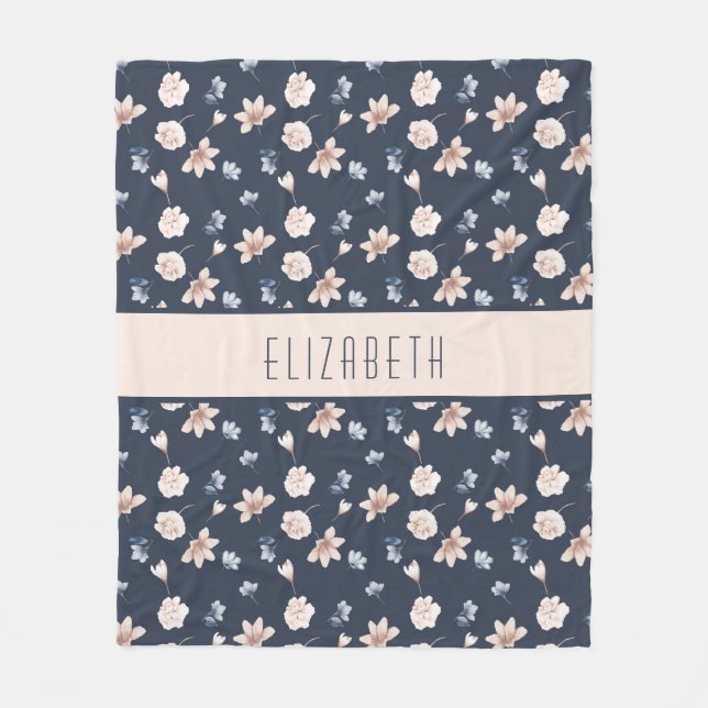 Monogram Name Blush Pink Navy Blue Floral  Fleece Blanket (Front)