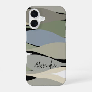 Monogram name boho abstract leaves green beige iPhone 16 case