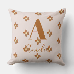 Monogram Name Boho Flower Beige Brown Cushion