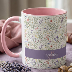 Monogram Name Boho Lavender Wildflower Pattern Mug