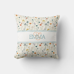 Monogram Name Boho Wildflower Pattern Orange Teal Cushion