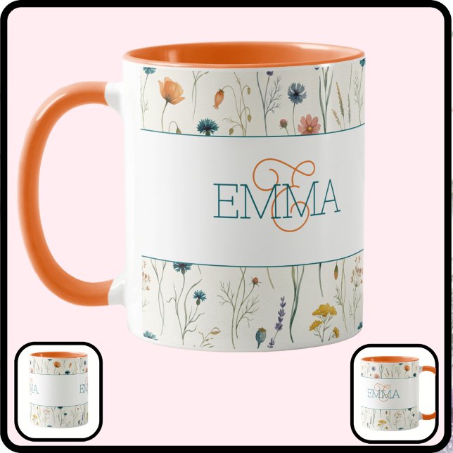 Monogram Name Boho Wildflower Pattern Orange Teal Mug (Creator Uploaded)