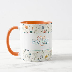 Monogram Name Boho Wildflower Pattern Orange Teal Mug