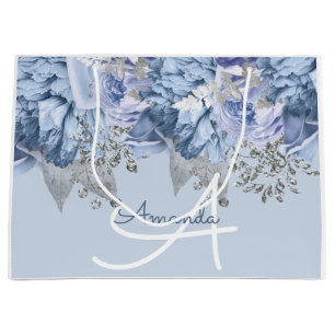 Monogram Name Bridal Favour Wedding Blue FloralGra Large Gift Bag