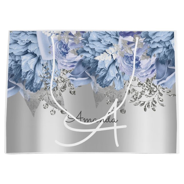 Monogram Name Bridal Favour Wedding Blue Silver Large Gift Bag (Front)