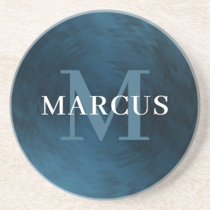 Monogram Name Brushed Metal Blue Steel Coaster