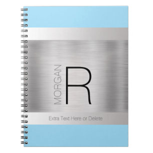 Monogram & Name, Brushed Silver, Powder Blue Notebook