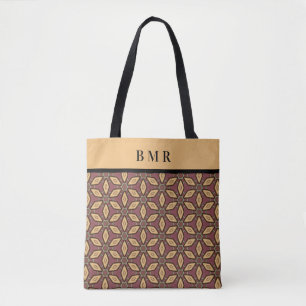 Monogram Name Burgundy Tan Black Abstract Floral Tote Bag