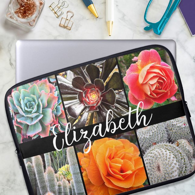 Monogram name cacti rose photo collage modern laptop sleeve (Creator Uploaded)
