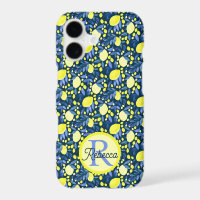 Monogram Name Chic Mediterranean Lemon Blue Leaf