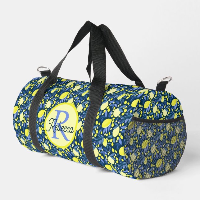 Monogram Name Chic Mediterranean Lemon Blue Leaf Duffle Bag (Right Corner)
