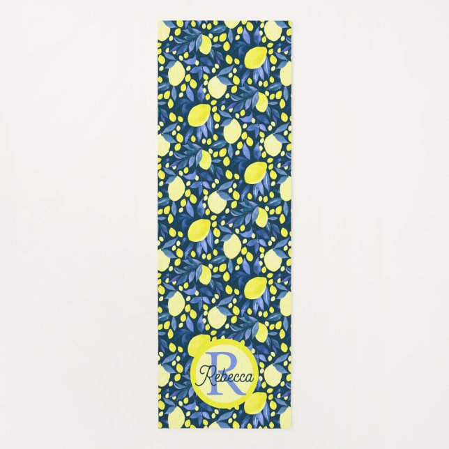 Monogram Name Chic Mediterranean Lemon Blue Leaf Yoga Mat (Front)
