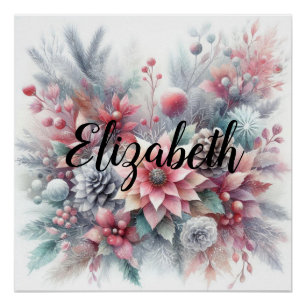 Monogram name Christmas floral pastel watercolor Poster