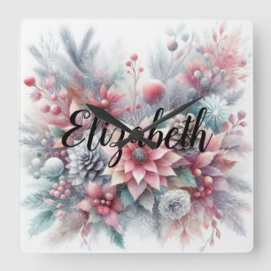 Monogram name Christmas floral pastel watercolor Square Wall Clock