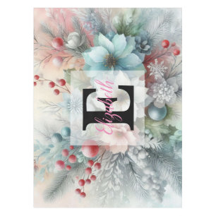 Monogram name Christmas floral pastel watercolor Tablecloth