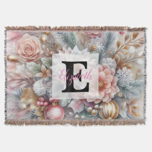 Monogram name Christmas floral pastel watercolor Throw Blanket