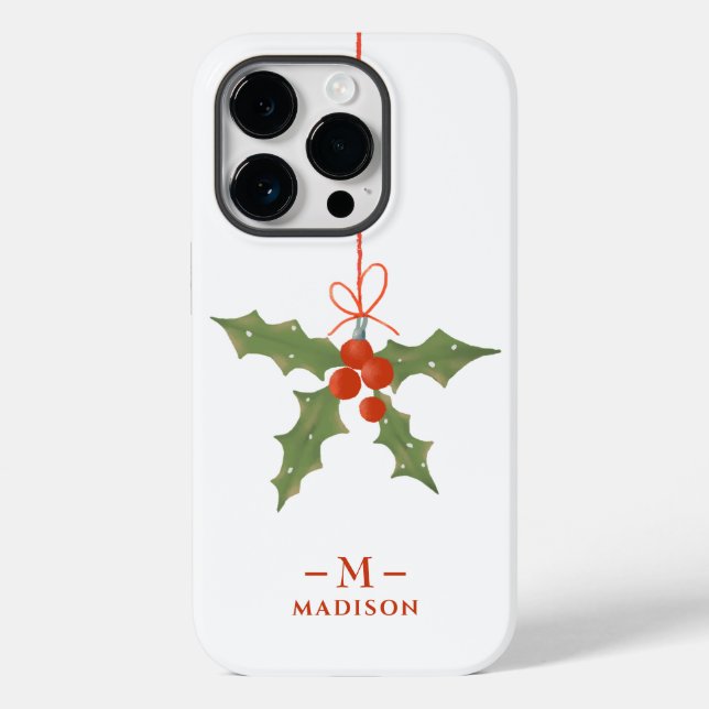 Monogram Name Christmas Holly Winter Floral Case-Mate iPhone Case (Back)