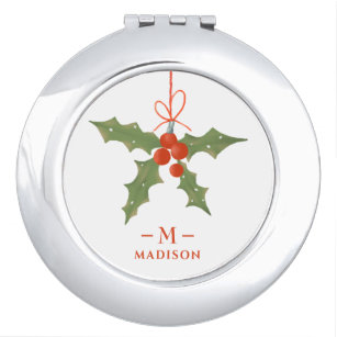 Monogram Name Christmas Holly Winter Floral Compact Mirror